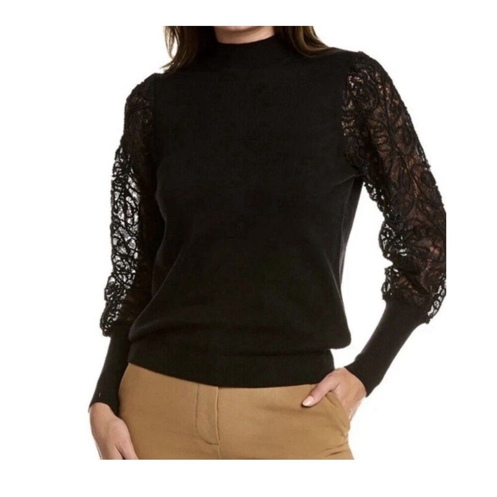 Nanette Lepore Black Lace Sleeve Sweater Crochet Floral Mock Neck Romantic Top